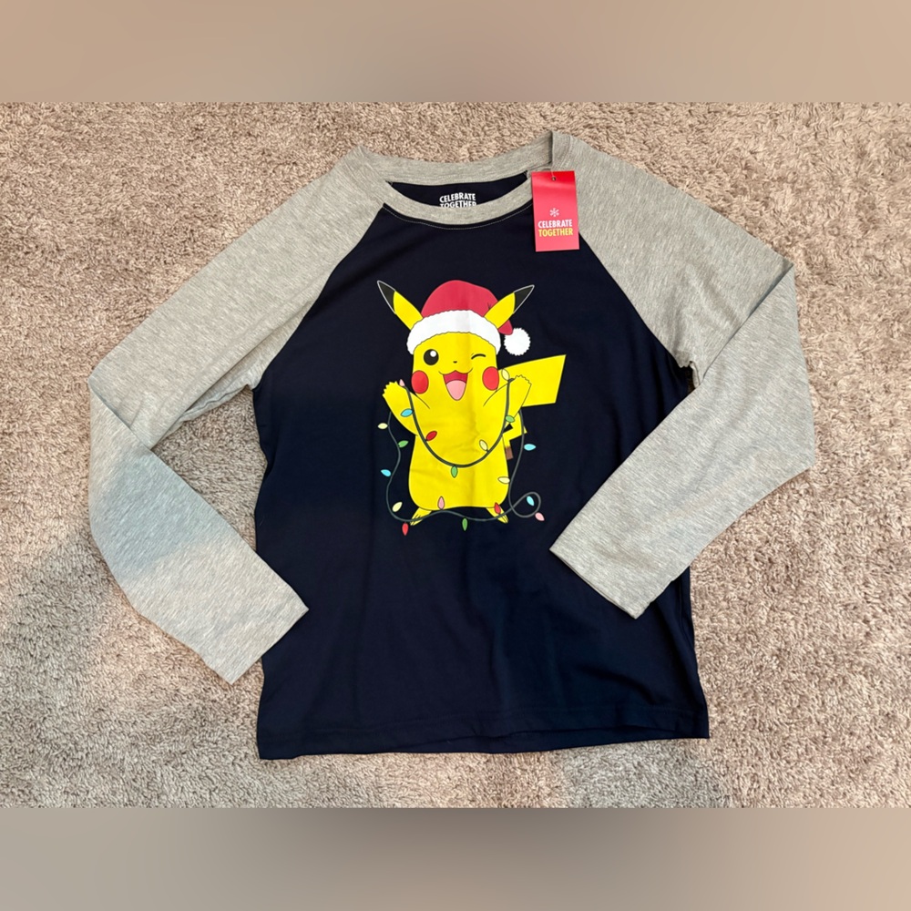 Kids Pikachu Christmas Raglan LS Shirt NWT